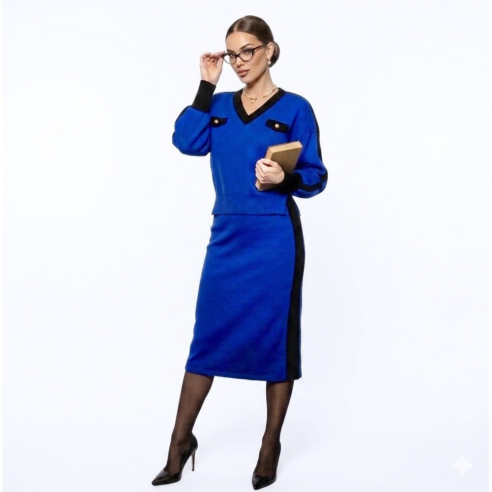 VTG Mike Korwin Cobalt Electric Blue Black Color Block Knit Skirt Suit Set 80s 4